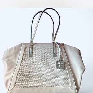 Cream Textured Leather Tote with Metallic Handles